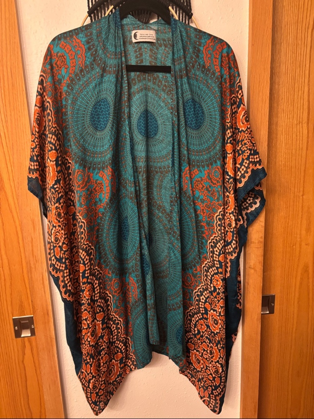 Boho Teal & Orange Printed Open-Front Tunic Kimono